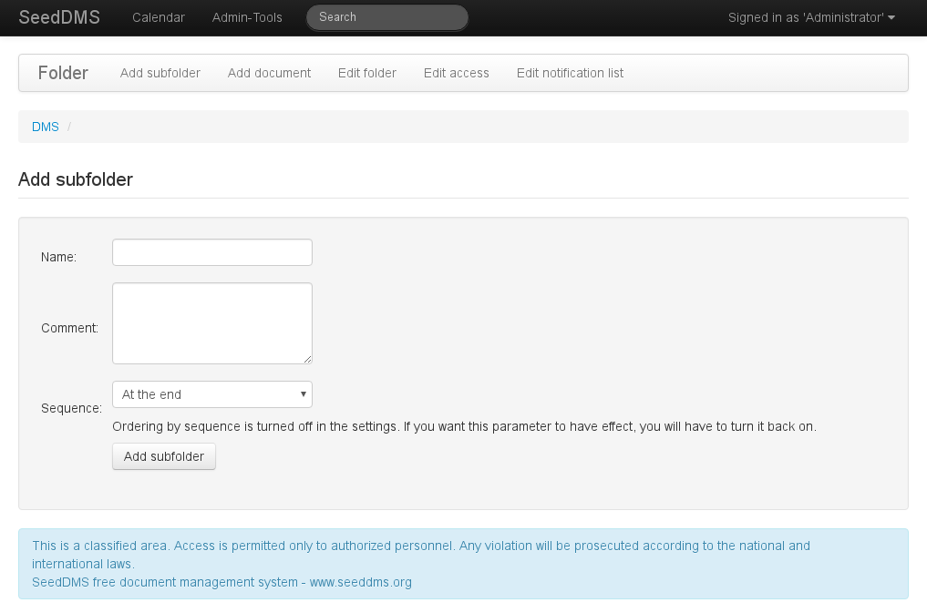 Form to add a new subfolder
